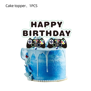 Blue game theme cake topper set with Happy Birthday banner and controller designs