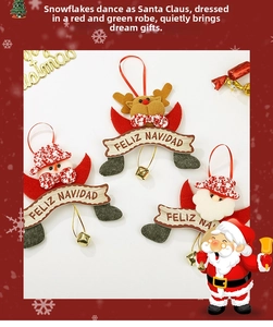 Detail view of wooden Christmas ornaments with plush Santa and reindeer with bells