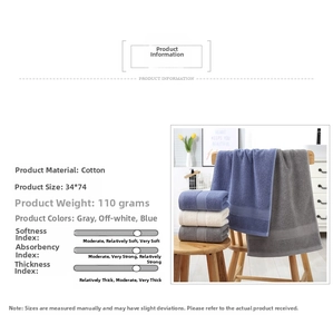 Thick cotton towel set featuring 110g weight and 34x74cm size in blue and grey tones