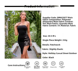 Size chart for black strapless dress with 95% polyester and lace patchwork detail