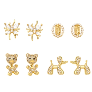Stud Earrings Gold Plated Copper With Zircon And Faux Artificial Pearl Butterfly Bear Animal Shape Fashion For Women