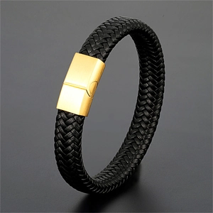 Geflochtenes schwarzes Lederarmband mit poliertem goldenem Magnetverschluss aus Edelstahl