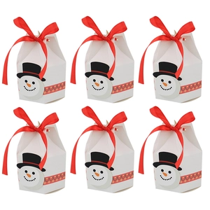 6-piece set of white Christmas yurt gift boxes with red ribbons and snowman decor
