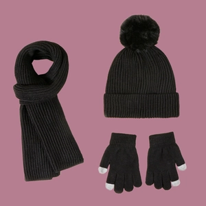 Kids winter knit set with pompom beanie, scarf and touchscreen gloves in solid black