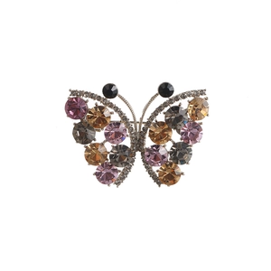 Exquisite butterfly brooch featuring multi-color crystals and silver metallic frame