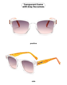 Detail of square sunglasses with transparent frames and orange tortoise temples