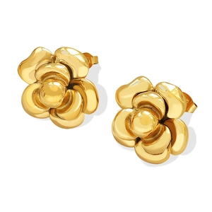 French style gold flower stud earrings with layered petal design and central bead accent