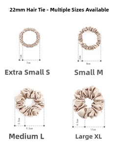 Size comparison chart for 22 momme mulberry silk scrunchies from size S to XL