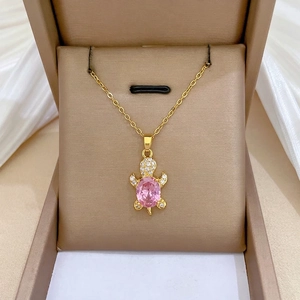 Elegant gold titanium steel turtle necklace and earrings set with pink zircon and diamonds