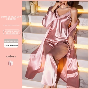 Women's Simple Casual Satin Top And Bottom Homewear Polyester Pink Three Piece Pajama Set With Camisole Robe And Pants