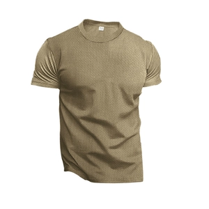 Close-up of khaki waffle texture fabric on men's slim fit athletic short sleeve t-shirt