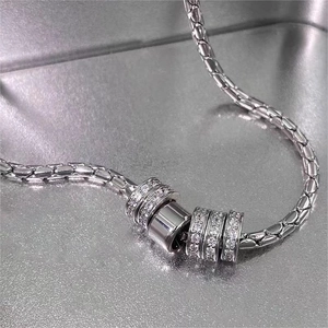 Minimalist titanium steel necklace with silver crystal paved ring pendants on snake chain