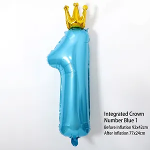 Ballon chiffre 1 bleu 36 pouces avec couronne dorée pour fête premier anniversaire