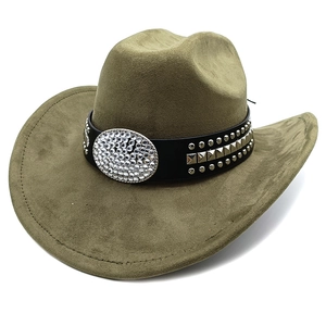 Olive green faux suede western cowboy hat with studded leather band and rhinestone buckle