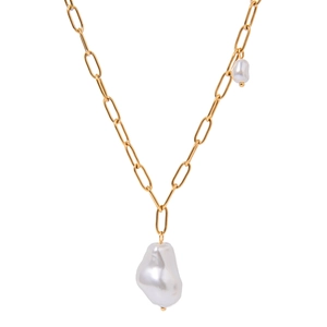 Artificial Baroque Pearl Pendant Necklace 18K Gold Plated Stainless Steel Paperclip Chain Waterproof Hypoallergenic Jewelry For Women