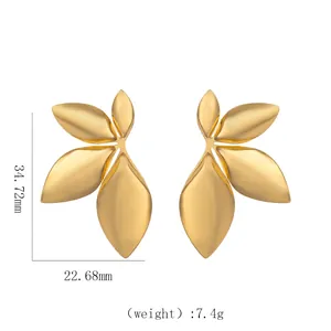 Detailed view of 18k gold stainless steel leaf earrings with exact size and weight specs