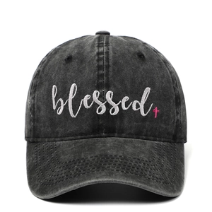 Vintage Baseballkappe aus gewaschener Baumwolle mit weißem Blessed-Stick und Kreuz