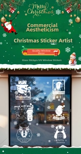 Detailed Christmas window stickers featuring snowman, reindeer, and Santa Claus motifs