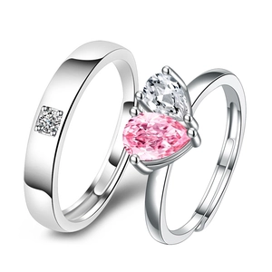 Romantic silver couples ring set with pink and white zircon heart and square gems