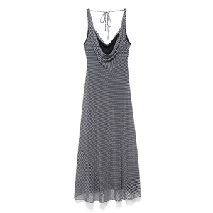 Polka dot sleeveless slip dress with cowl neck and backless design for summer resort style