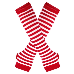 Red and white striped long fingerless knit arm warmer gloves for cosplay and holiday