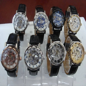 Mens skeleton mechanical watch collection with leather straps and roman numerals dial