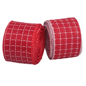 Two rolls of red and white checkered burlap ribbons for Christmas gift wrapping and DIY