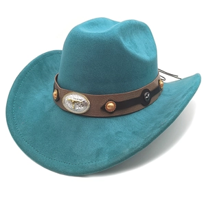 Detail of teal suede cowboy hat featuring leather band with metallic bull head emblem