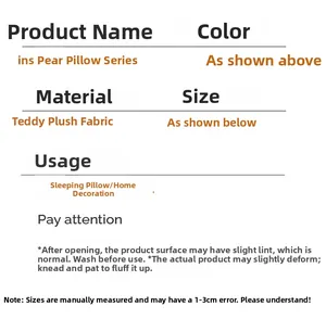 Detail specifications of teddy velvet pear pillow showing material and usage dimensions