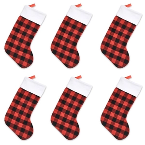 Set of 6 Christmas stockings with red and black buffalo plaid pattern and white cuffs