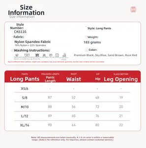 Tabella delle taglie dettagliata per leggings yoga con composizione tessuto e misure