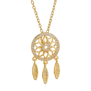 Golden dreamcatcher necklace with white zircon lotus pendant and detailed metal feathers