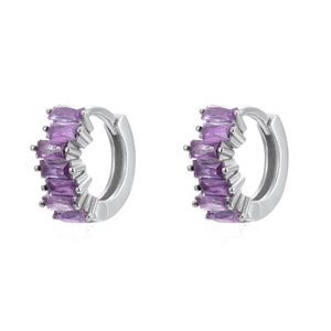 Close-up of S925 silver huggie hoop earrings with seven purple rectangular cubic zirconia