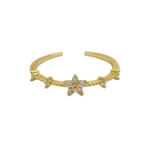 Adjustable 18k gold plated flower ring with sparkling zircon crystals for women