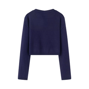 Slim fit navy blue cropped knit sweater for women with ribbed cuffs and crew neck back view