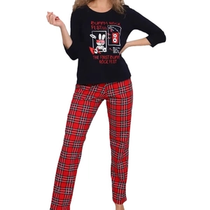 Women's two-piece Christmas pajama set featuring rock bunny top and red plaid trousers
