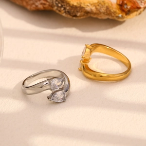 18K gold and silver plated stainless steel open rings with teardrop cubic zirconia