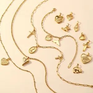 Gold Plated Stainless Steel Necklace Cross Heart Fish Tail Star Moon Pendant Vintage Fashion Jewelry Women