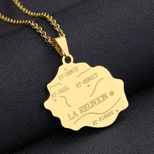 Golden Reunion Island map pendant necklace with O-chain on black leather texture