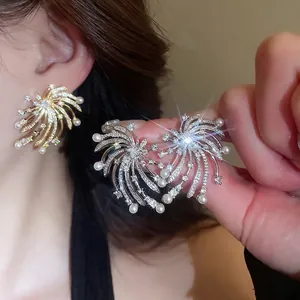 Firework Star Stud Earrings Copper With Zircon Imitation Artificial Pearl And Silver Earring Post Elegant Luxury Jewelry For Women