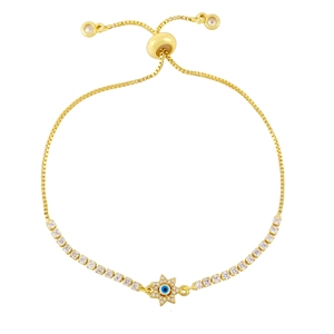 Gold evil eye star bracelet with adjustable slider chain and sparkling clear crystals