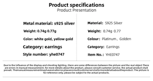 Detailed S925 silver heart stud earring specifications table with weight and size data