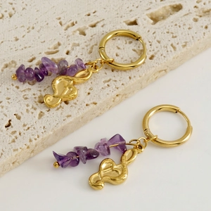 Musical Note Treble Clef Hoop Earrings 18K Gold Plated Stainless Steel Natural Amethyst Purple Stone Dangle For Women