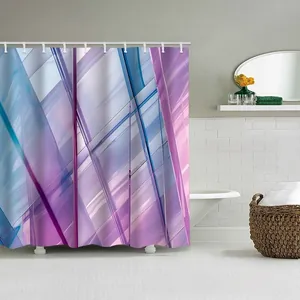 Detail of modern purple and blue abstract marble polyester shower curtain with C-hooks
