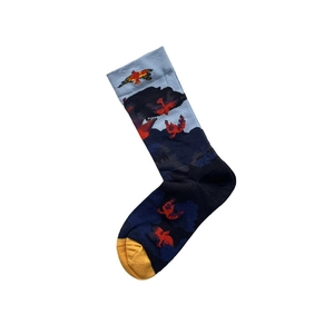 Artistic graffiti style cotton crew socks featuring mountain and bird patterns in blue