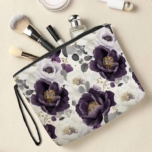 Floral Print Makeup Bag Fine Linen Cosmetic Pouch With Zipper And Wrist Strap For Women Travel Toiletry Storage Organizer