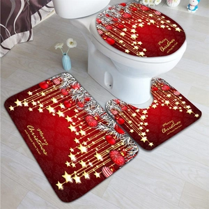 Three-piece Christmas bath mat set with red and gold Merry Christmas holiday pattern