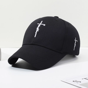 Premium schwarze Baseballkappe mit weißer Kreuz-Glaubens-Stickerei auf der Vorderseite