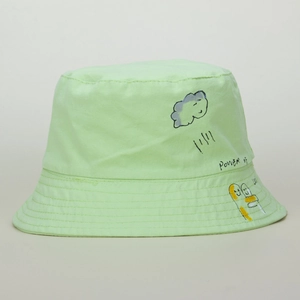 Detail of mint green cotton bucket hat featuring hand-drawn love cloud illustrations
