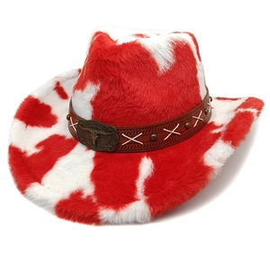 Detail of red and white cow print plush cowboy hat with metal bull head buckle and leather band